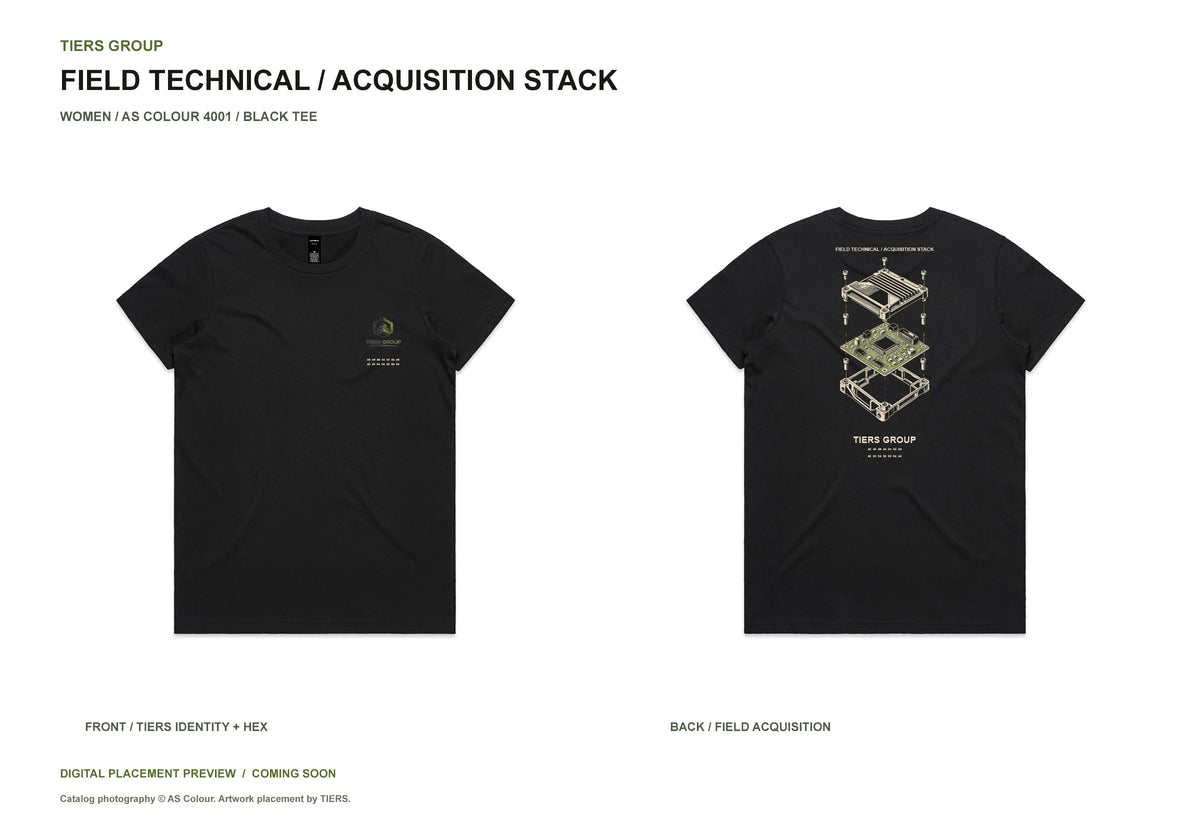 Field Technical / Acquisition Stack / Women black tee, front and back, TIERS identity and FIND THE TRUTH hex