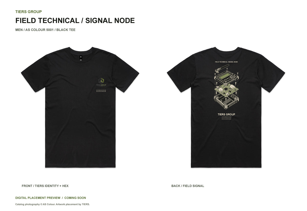 Field Technical / Signal Node / Men black tee, front and back, TIERS identity and FIND THE TRUTH hex