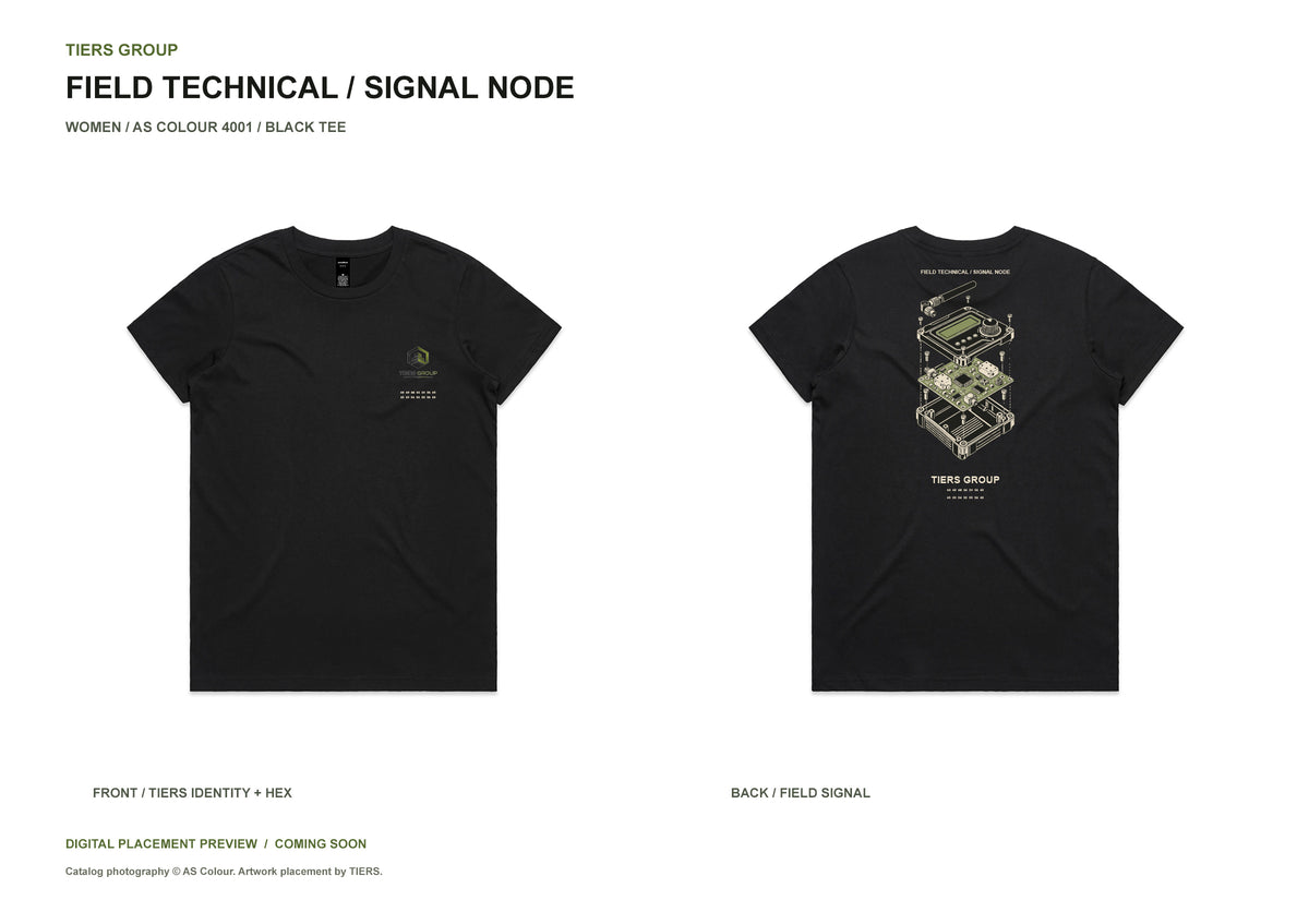 Field Technical / Signal Node / Women black tee, front and back, TIERS identity and FIND THE TRUTH hex