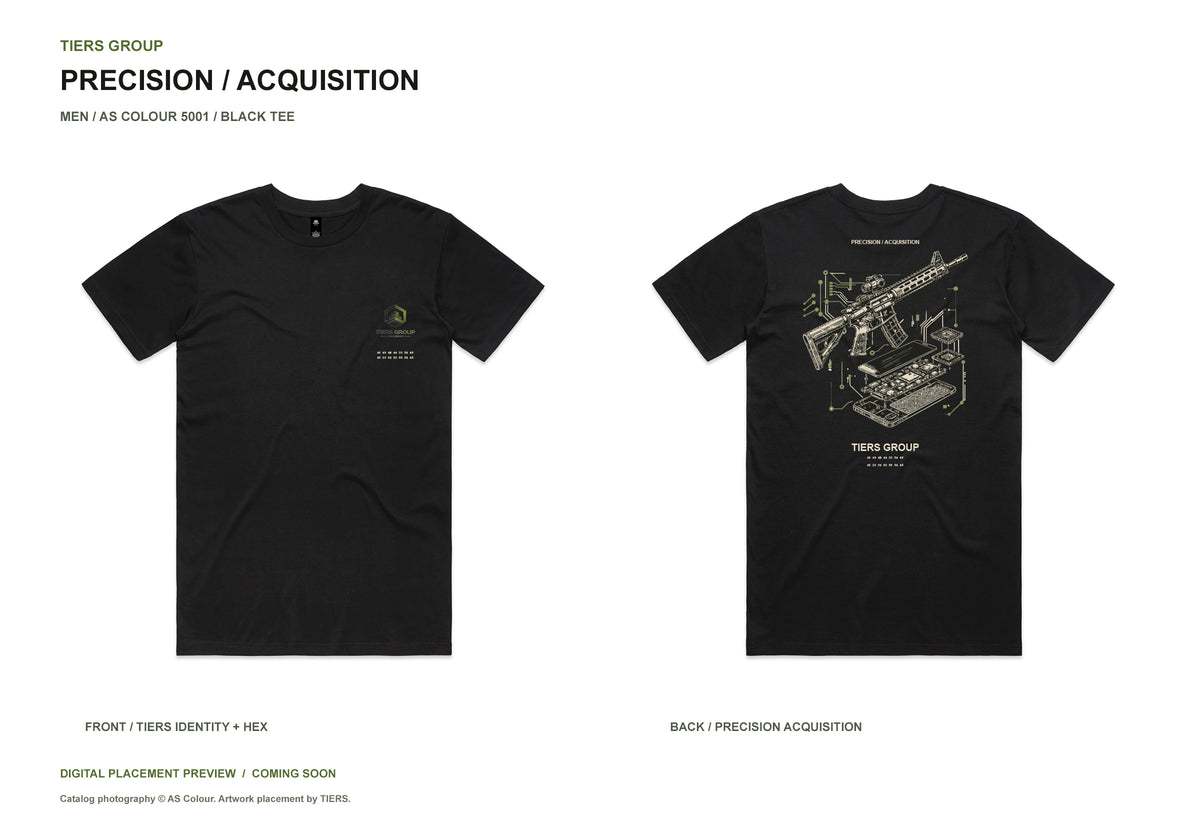 Precision / Acquisition / Men black tee, front and back, TIERS identity and FIND THE TRUTH hex