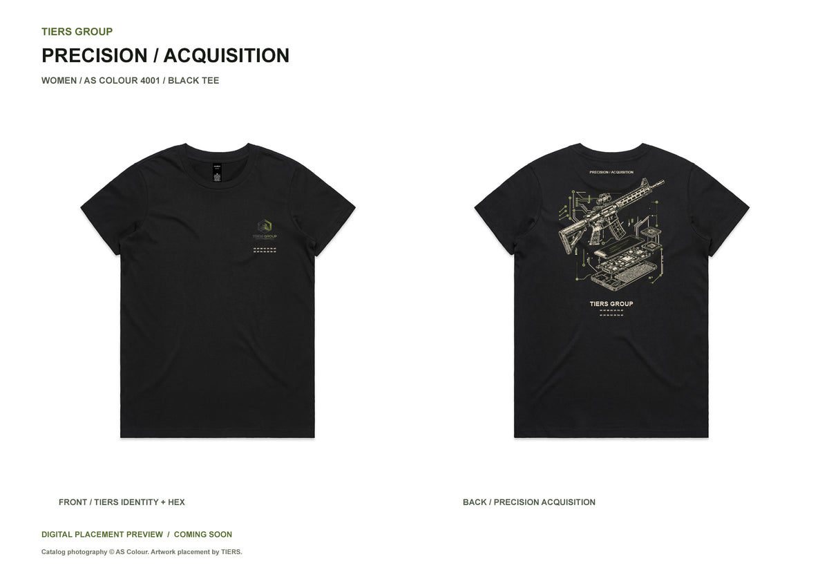 Precision / Acquisition / Women black tee, front and back, TIERS identity and FIND THE TRUTH hex