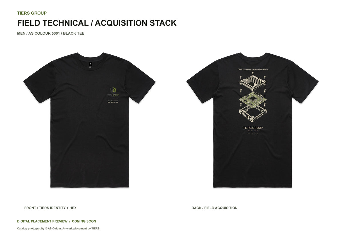 Field Technical / Acquisition Stack / Men black tee, front and back, TIERS identity and FIND THE TRUTH hex