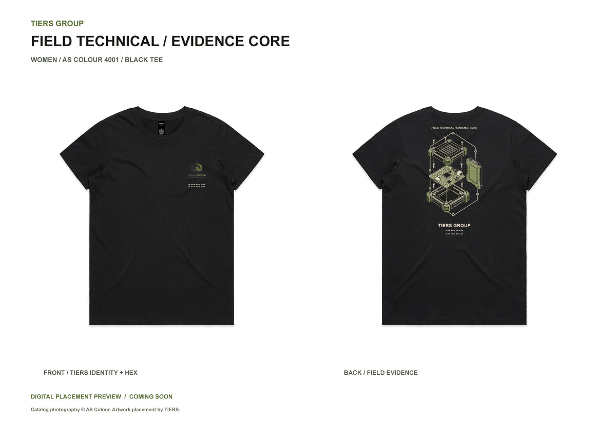 Field Technical / Evidence Core / Women black tee, front and back, TIERS identity and FIND THE TRUTH hex