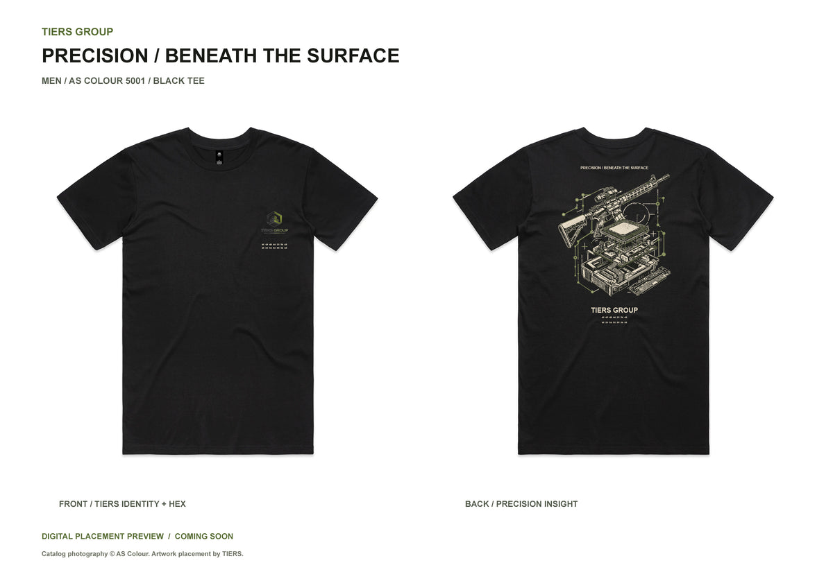 Precision / Beneath the Surface / Men black tee, front and back, TIERS identity and FIND THE TRUTH hex