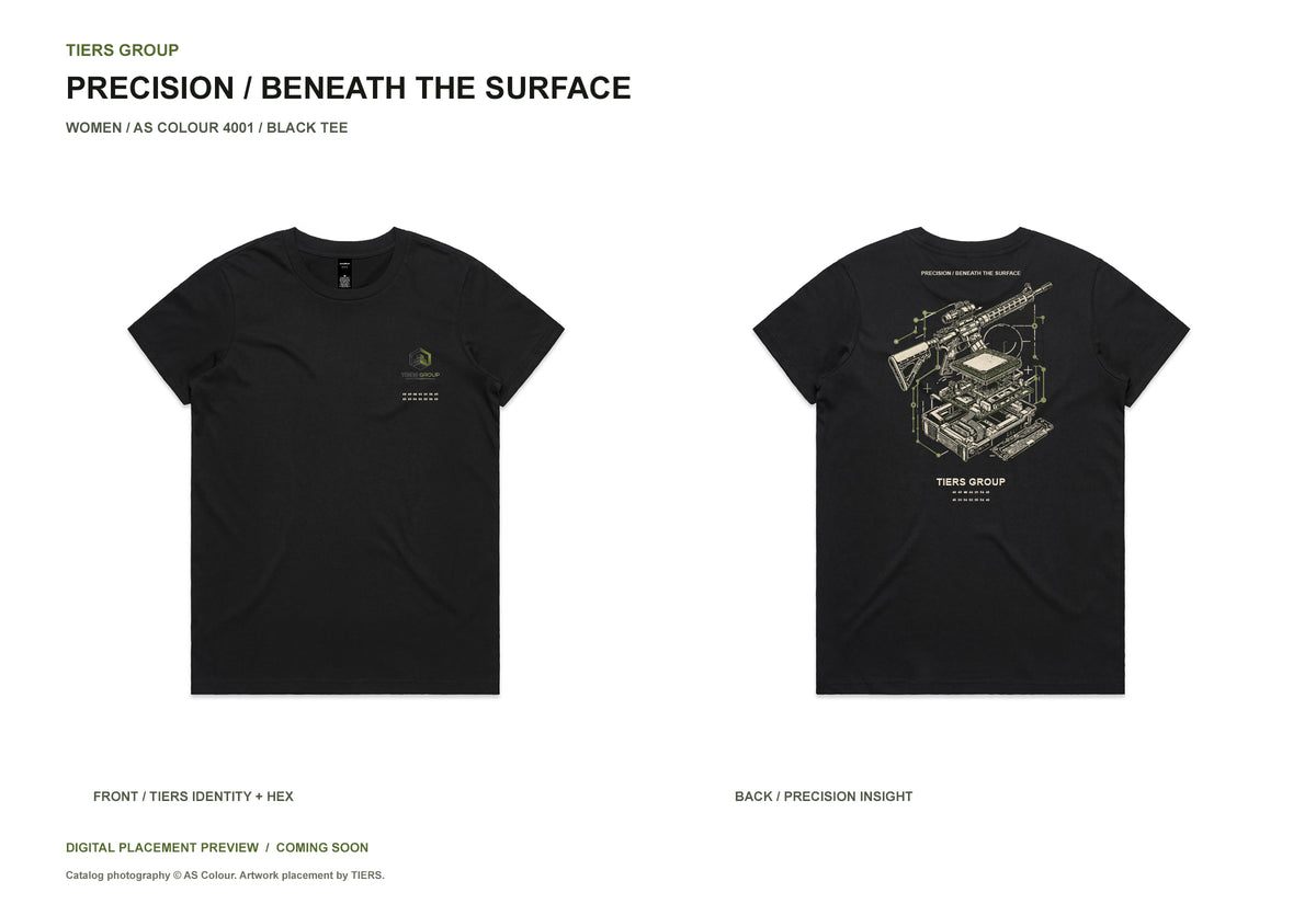 Precision / Beneath the Surface / Women black tee, front and back, TIERS identity and FIND THE TRUTH hex