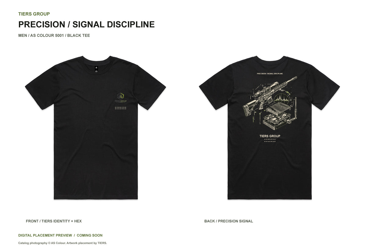 Precision / Signal Discipline / Men black tee, front and back, TIERS identity and FIND THE TRUTH hex