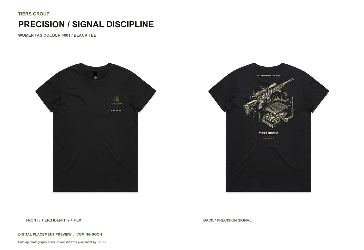 Precision / Signal Discipline / Women black tee, front and back, TIERS identity and FIND THE TRUTH hex
